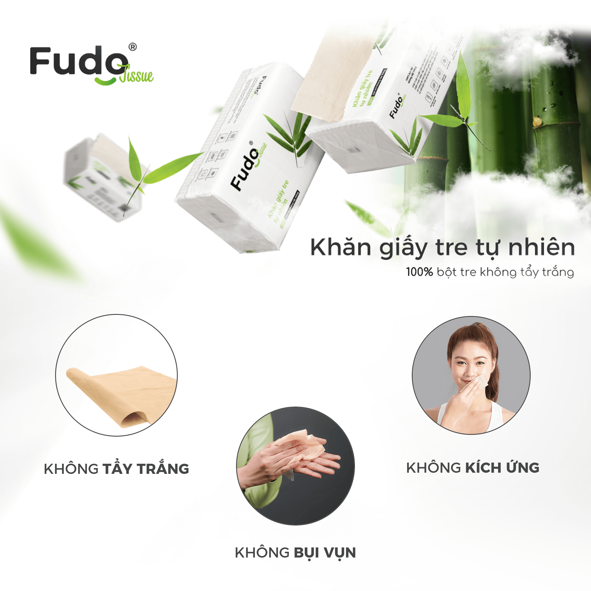 Khăn giấy tre Fudo - Combo (4 gói giấy rút + 10 cuộn không lõi) - Giấy vệ sinh Fudo: 100% bột tre, không tạo mùi, không tẩy trắng