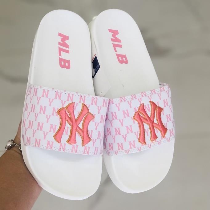 ◘✥✗ Dép unisex MLB NY ❤️FREESHIP Hộp❤️ dép mlb bóng chày quai ngang thể thao nữ Thêu NY-NY nỗi màu trắng chữ hồng xịn