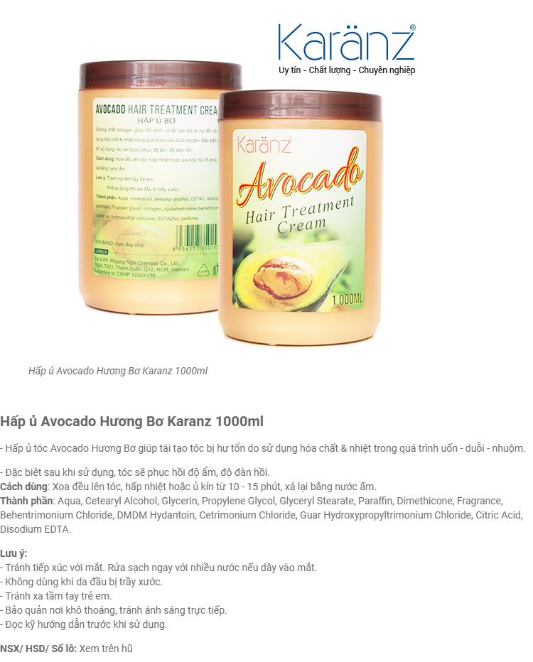 Hấp Dầu Kem ủ Toc Karanz Avocado 1000ml Dưỡng Toc Mềm Mượt Hết