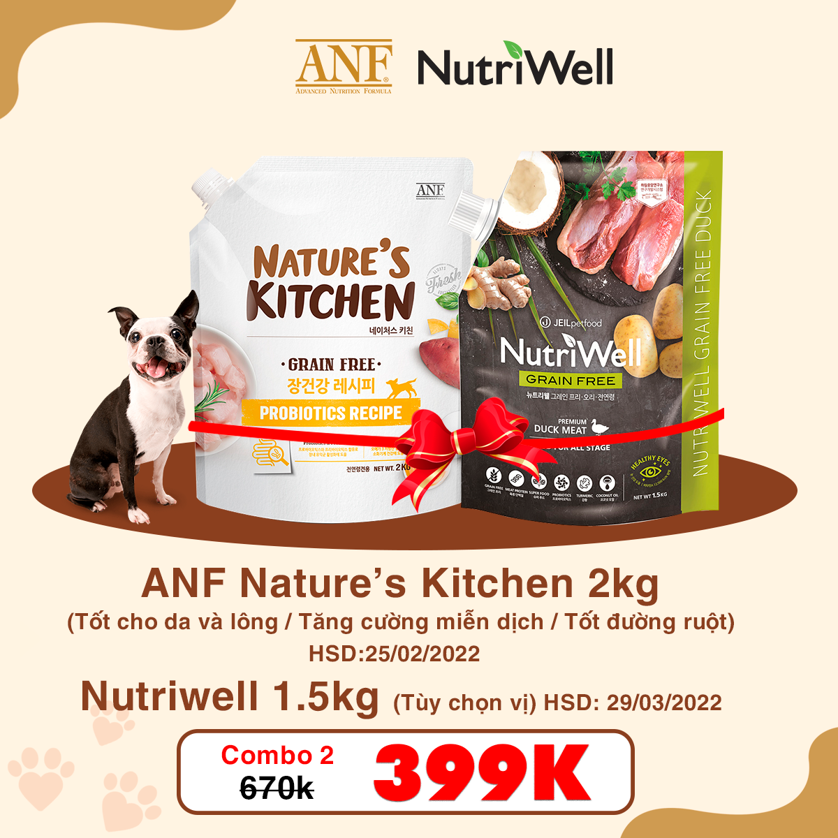 COMBO THỨC ĂN HẠT CHO CHÓ ANF NATURE KITCHEN (2kg) hsd 25/2/2022+ NUTRIWELL (1,5kg) hsd 29/3/2022